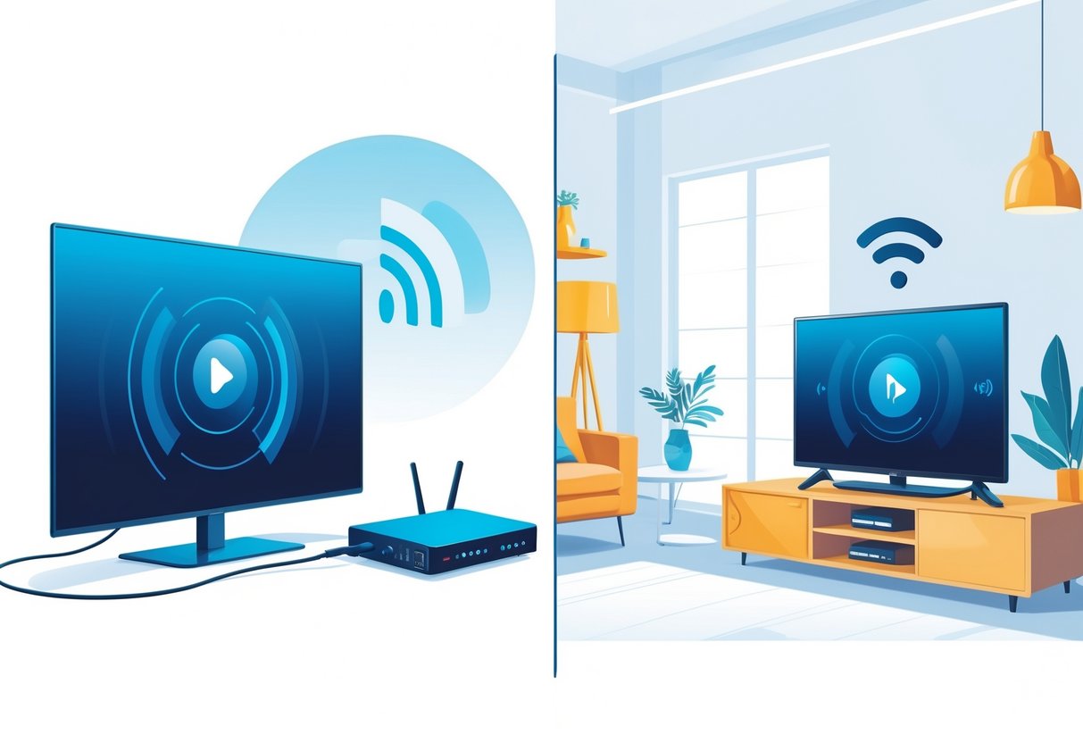 A living room with a TV showing smooth streaming, connected by both a wired Ethernet cable and a wireless Wi-Fi signal from a router.