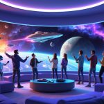 People watching a large screen showing a starship flying through space in a futuristic living room with robots and holographic displays.