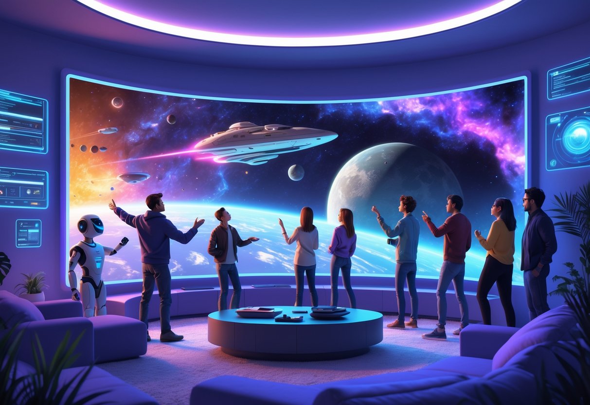 People watching a large screen showing a starship flying through space in a futuristic living room with robots and holographic displays.