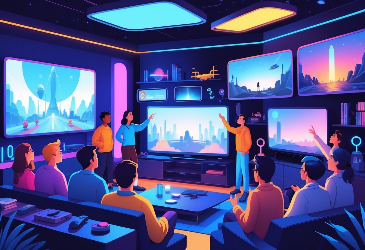 A group of people watching multiple screens showing scenes inspired by classic science fiction TV shows in a futuristic living room filled with advanced technology and sci-fi memorabilia.