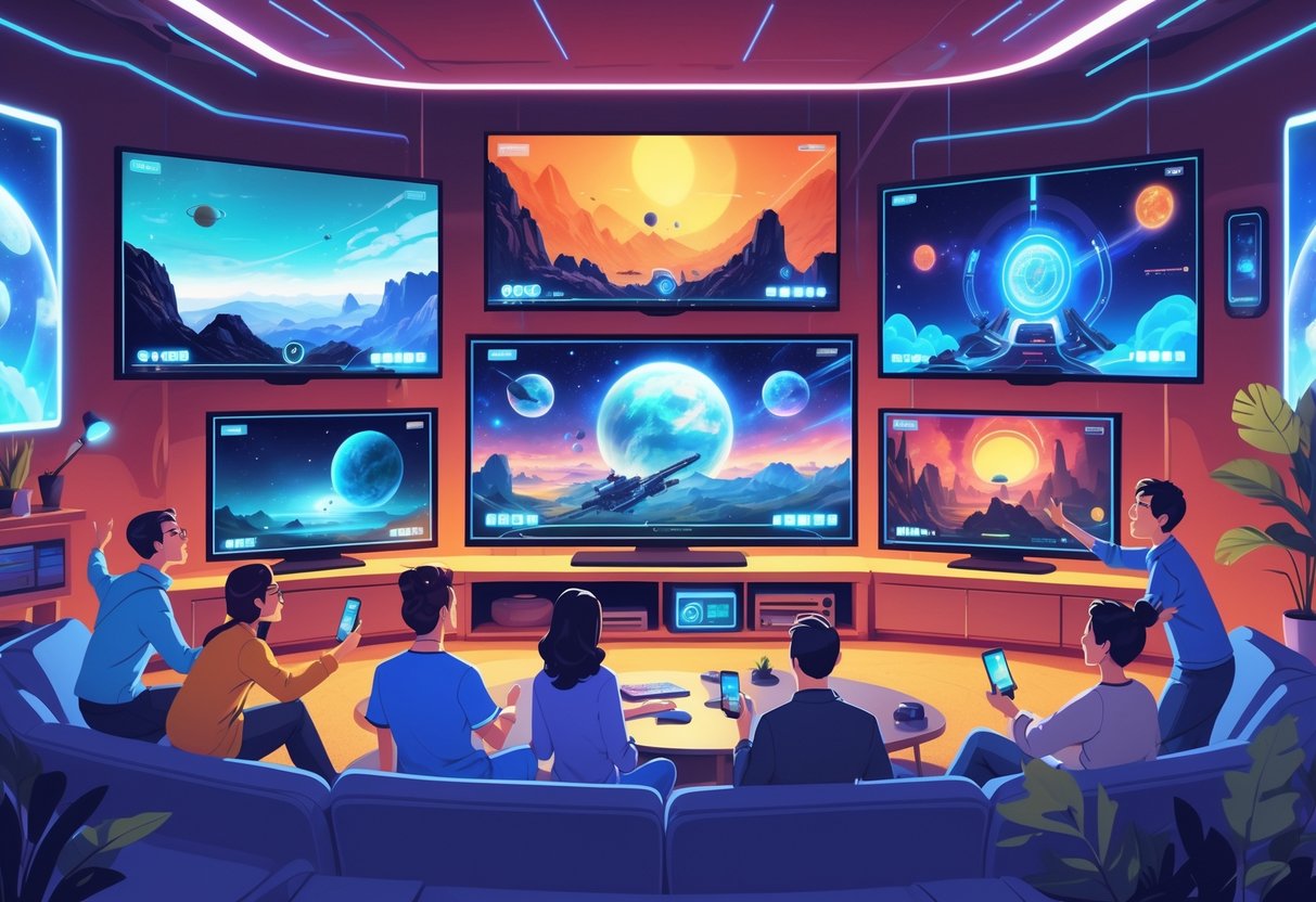 A futuristic living room with diverse people watching multiple screens showing colorful sci-fi scenes like space exploration and alien worlds.