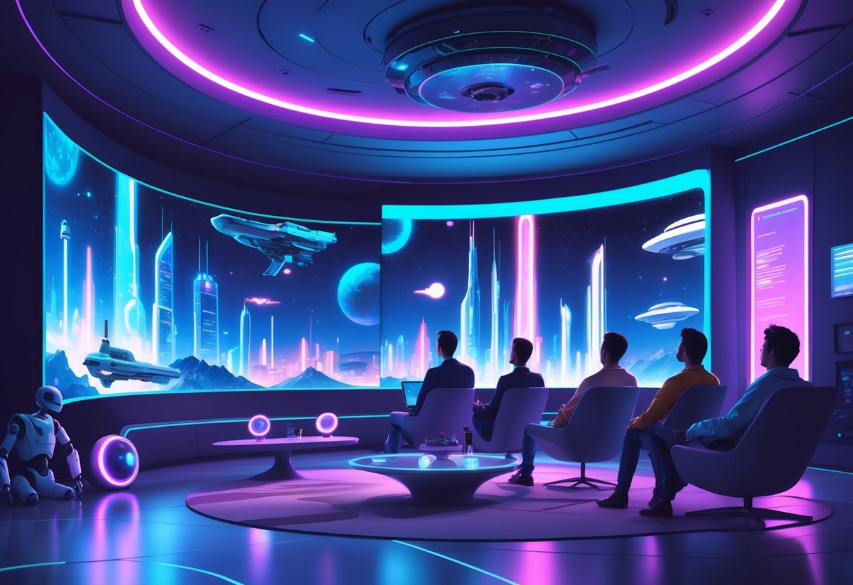 A futuristic living room with a holographic screen showing spaceships, robots, and futuristic cityscapes, with people watching and interacting in the space.
