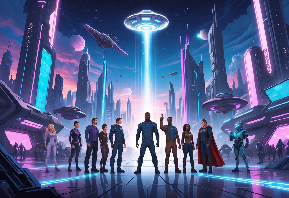 A futuristic city with sci-fi characters, spacecraft, and holograms representing interconnected sci-fi TV shows and universes.