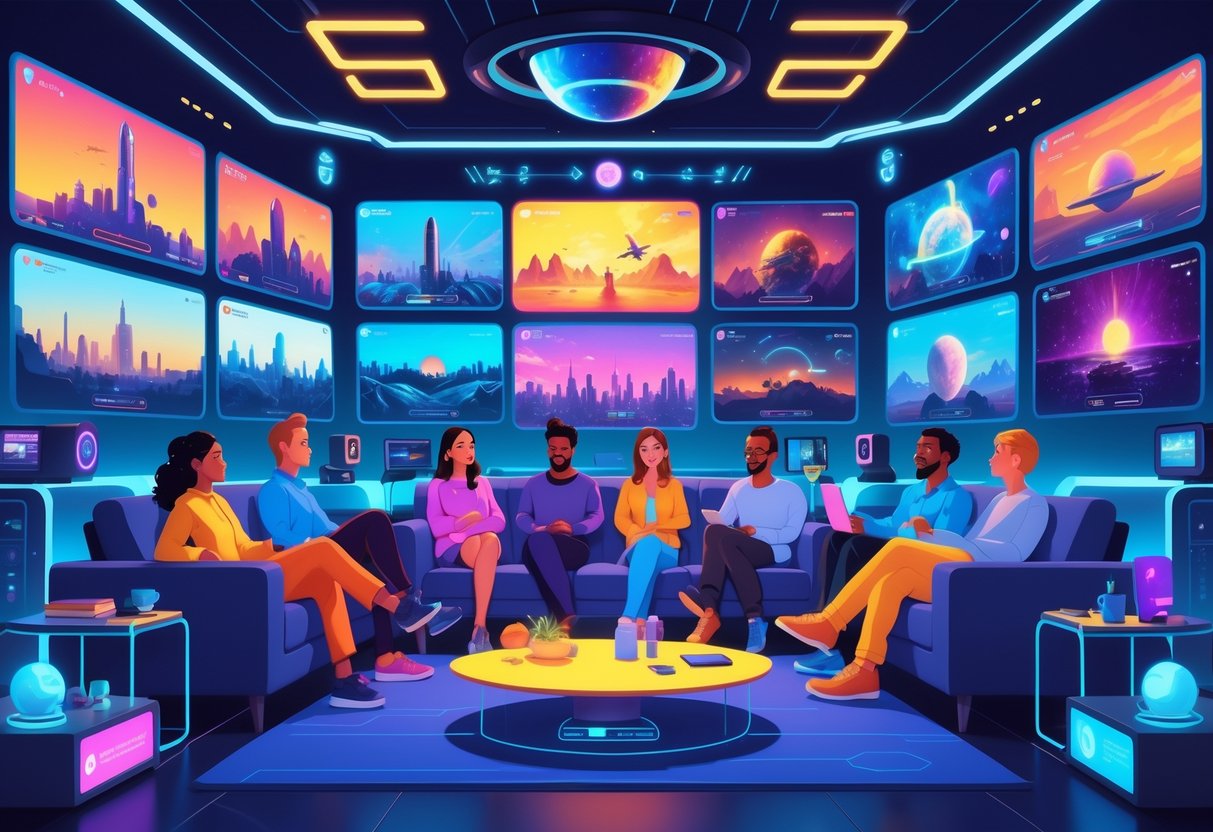 A group of people watching multiple sci-fi TV shows on various futuristic screens in a high-tech living room.