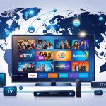 A large TV surrounded by icons and glowing lines connecting continents on a world map, representing worldwide access to popular TV shows.