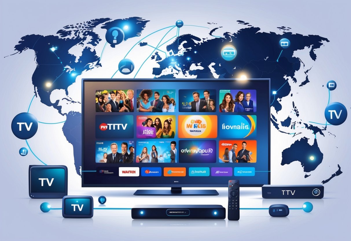 A large TV surrounded by icons and glowing lines connecting continents on a world map, representing worldwide access to popular TV shows.
