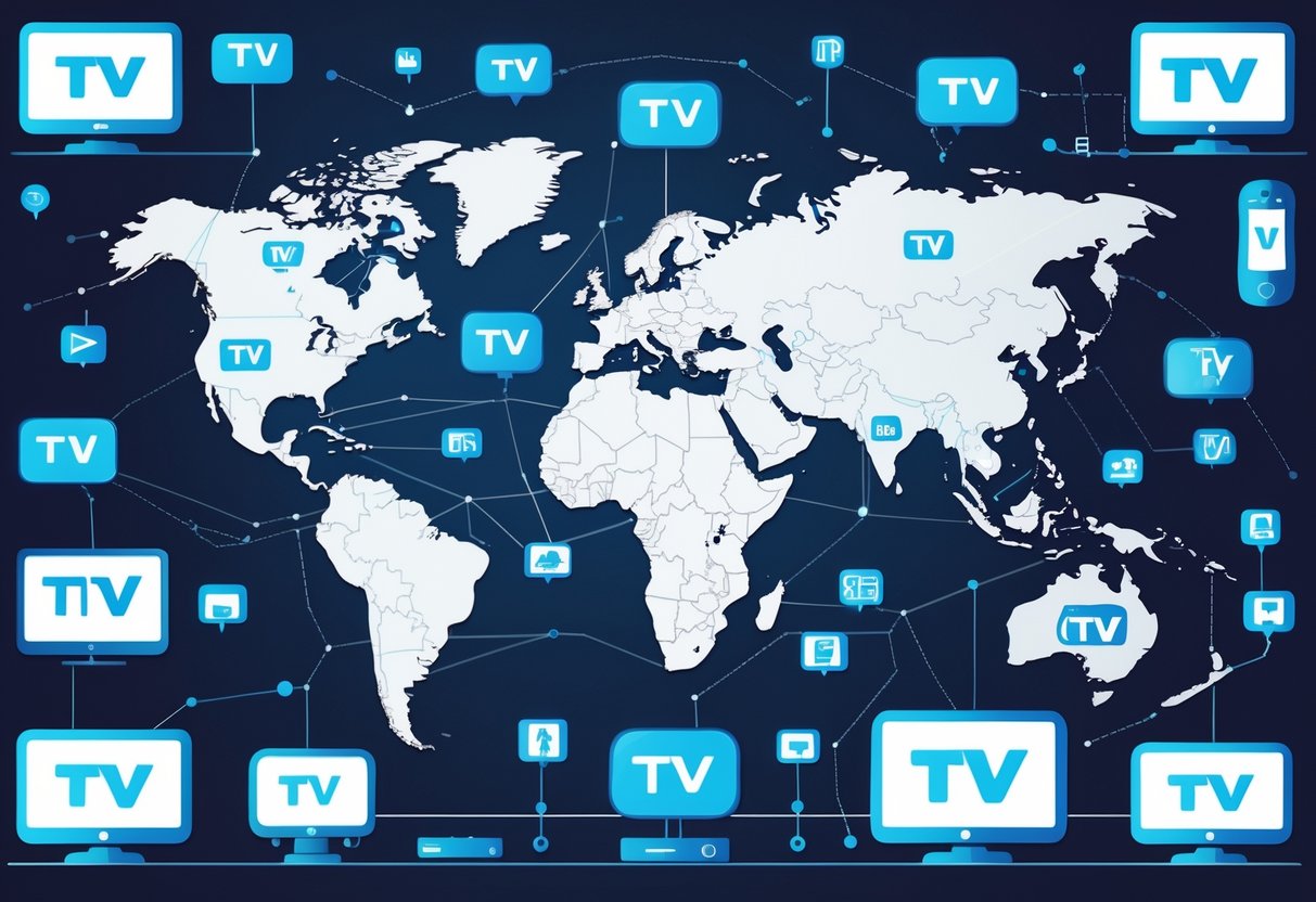 A global map with icons representing major TV networks around the world, connected by lines and surrounded by images of streaming devices and TV screens.