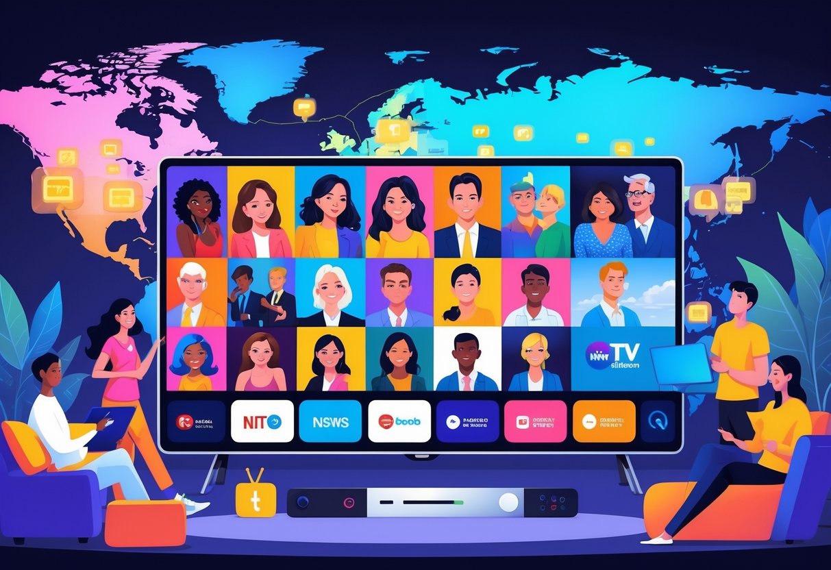 A diverse group of people watching a large TV screen showing various popular TV show scenes, with a world map and icons representing global TV networks in the background.