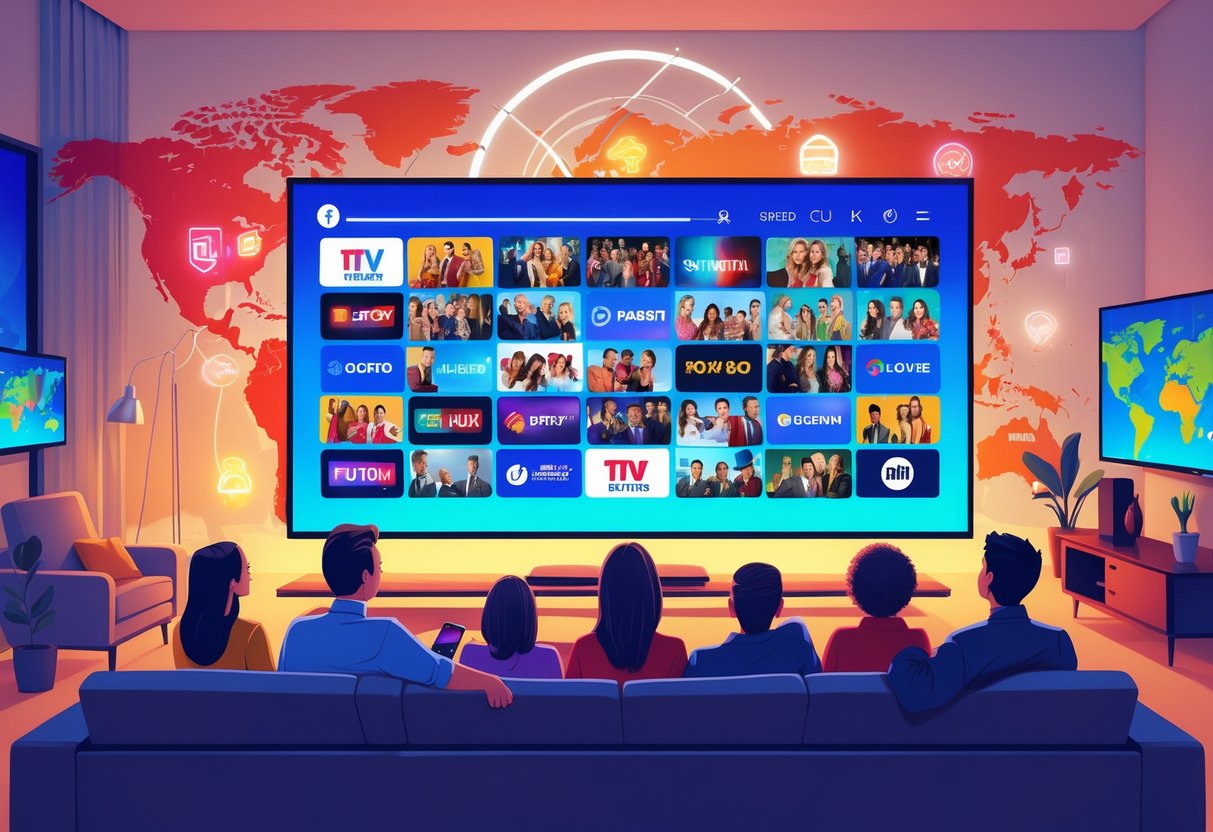 A group of people watching a large TV showing scenes from popular global TV shows and live events, with symbols representing major TV networks and a world map in the background.