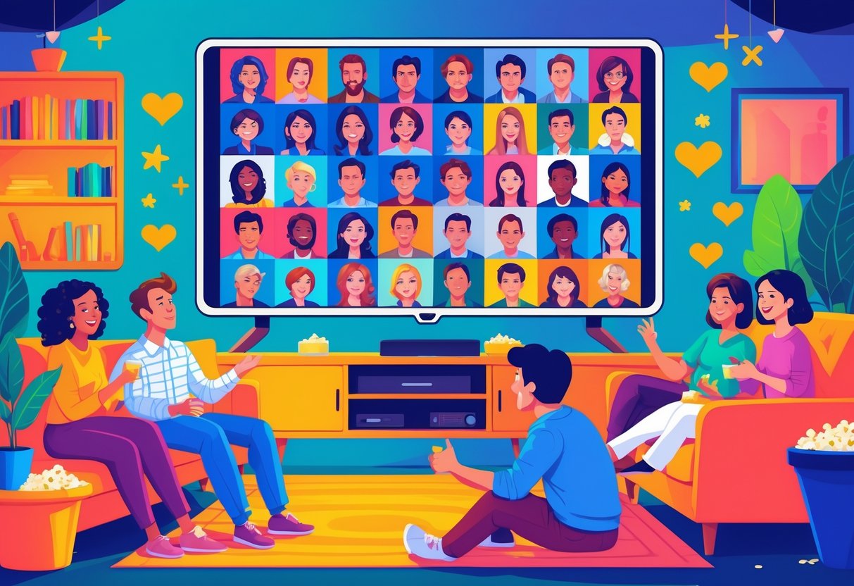 A group of diverse people watching a TV screen showing various popular TV show characters, surrounded by glowing stars and hearts.
