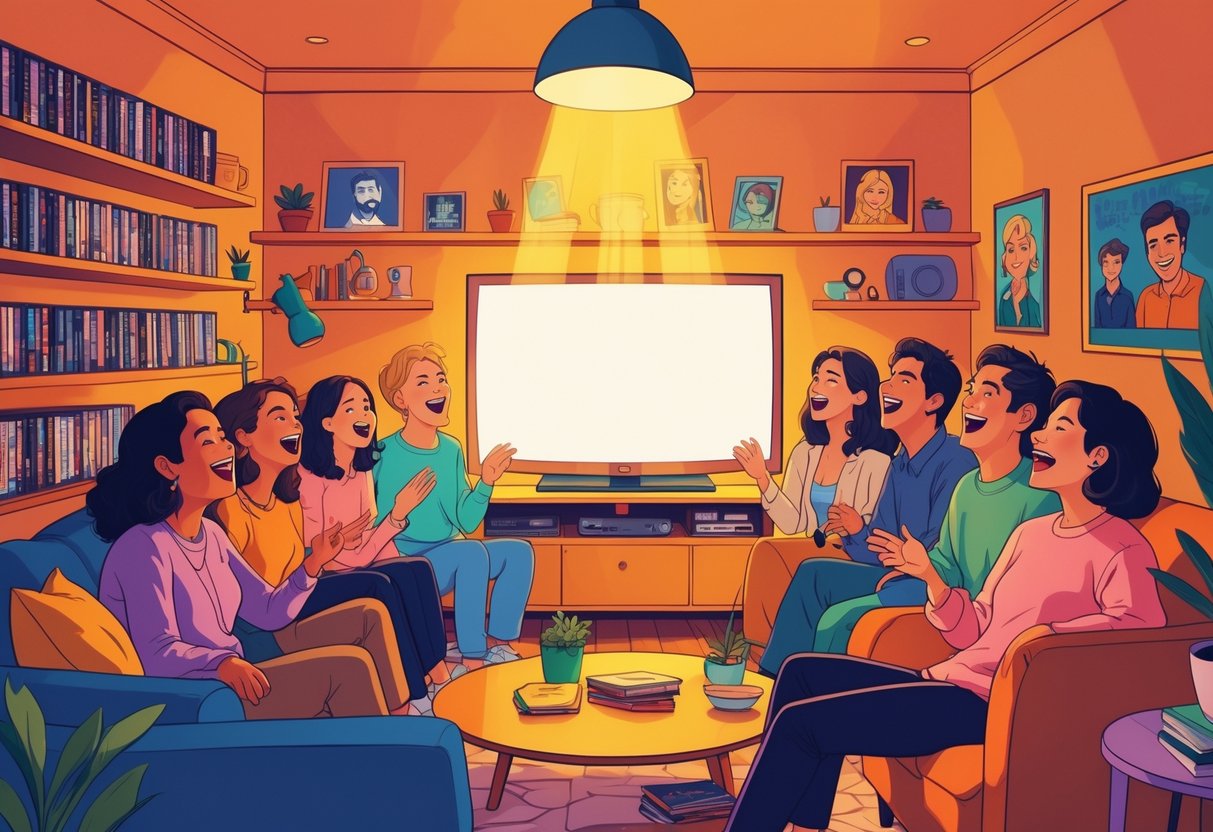 A group of people happily watching TV together in a cozy living room filled with TV show memorabilia.