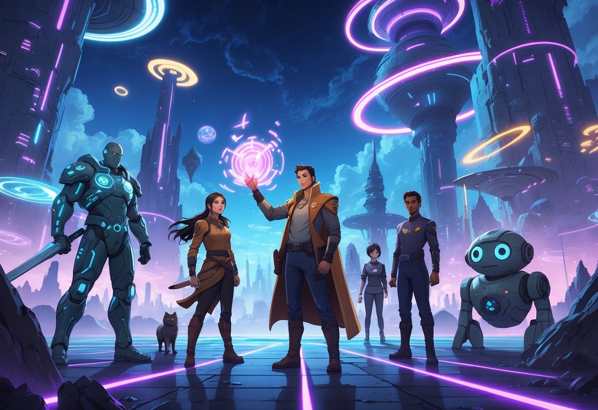 A group of diverse sci-fi and fantasy characters stand together in a futuristic city with glowing lights, floating holograms, and mystical elements around them.