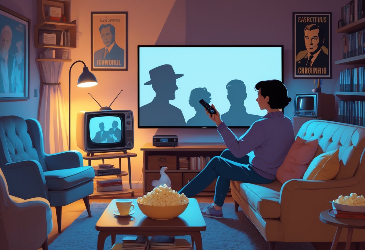 A person sitting on a sofa watching a large TV with classic black-and-white shows, surrounded by retro TV decor and cozy living room elements.