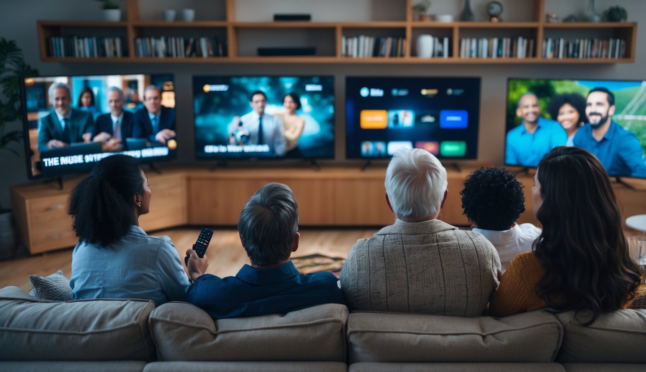 A diverse group of people watching different TV shows on multiple screens in a cozy living room.