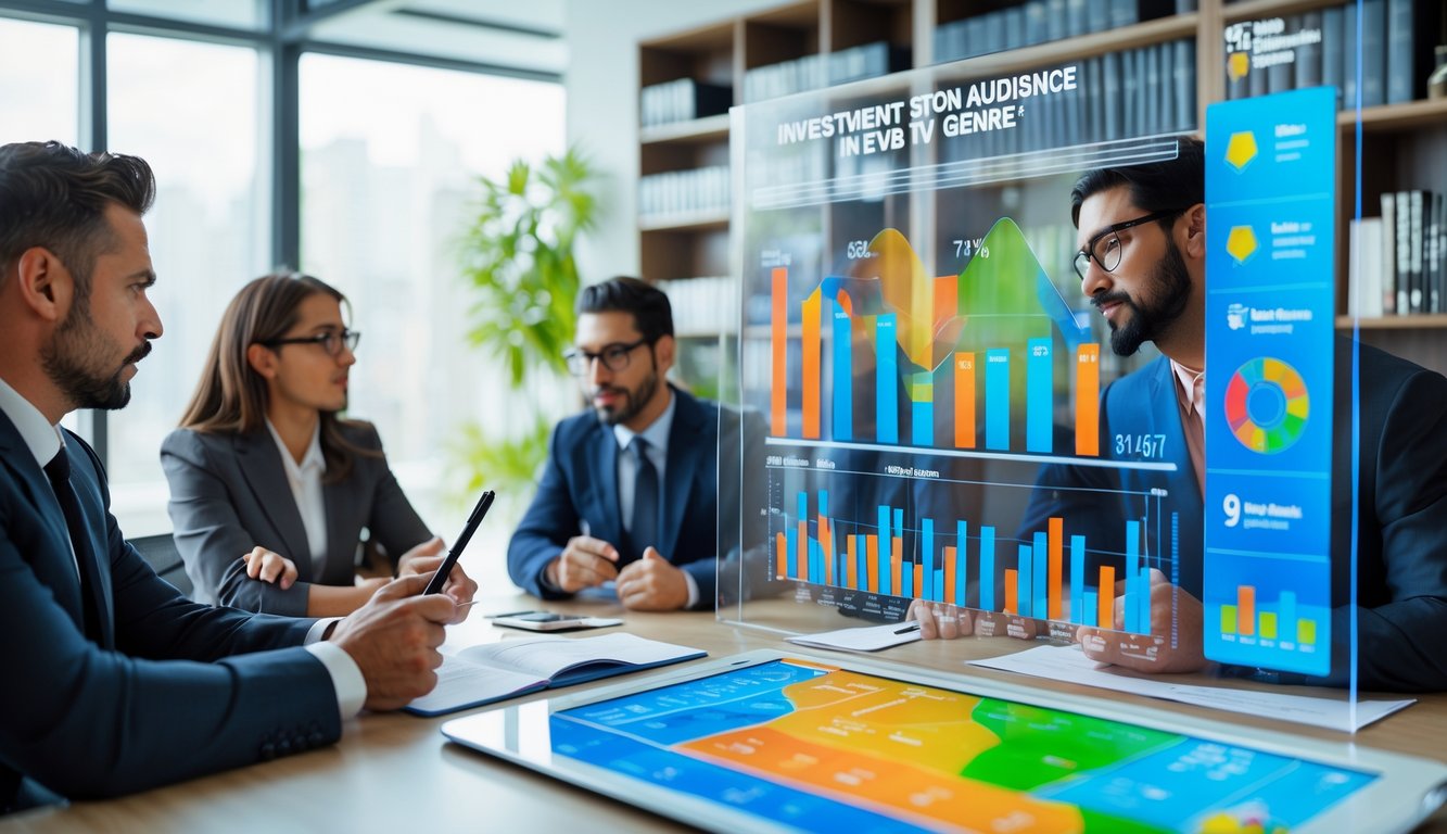 A group of business professionals in an office discussing investment trends with charts displayed on a digital screen.