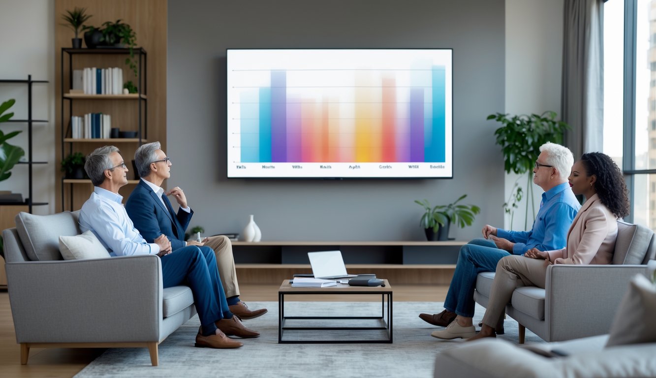 Three adults sitting in a modern living room watching a large TV screen with a blurred graph, showing engaged expressions.
