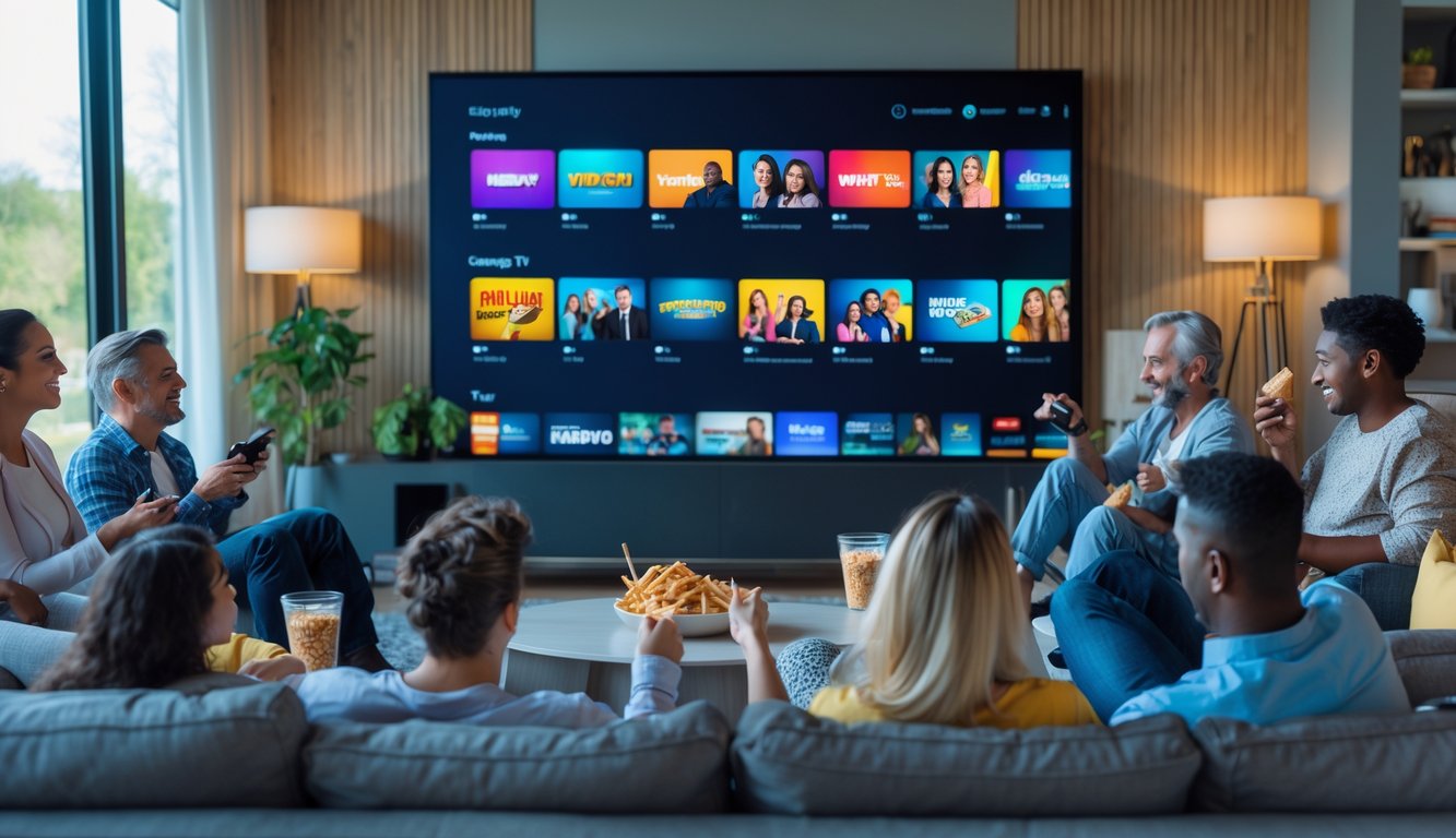 A group of diverse people watching different TV genres on multiple screens in a modern living room.