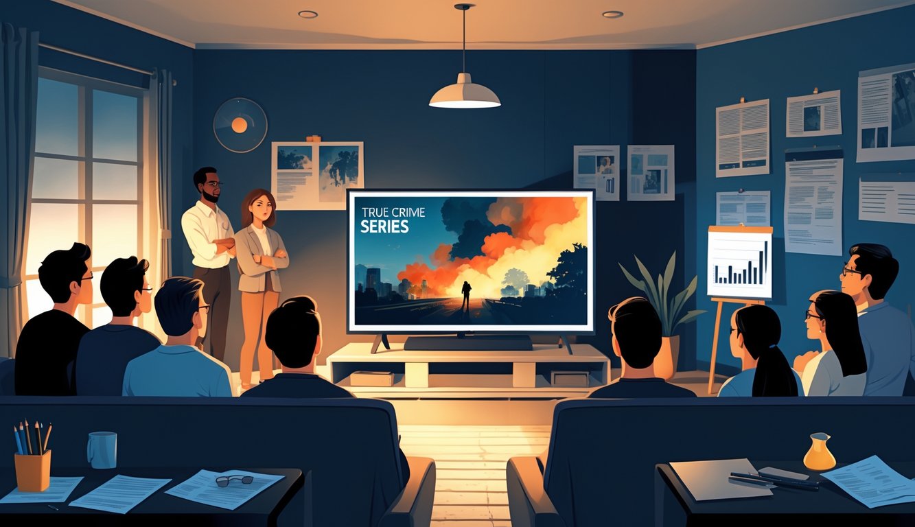 A group of people watching a true crime documentary on TV with symbols of investigation and a chart showing rising ratings nearby.