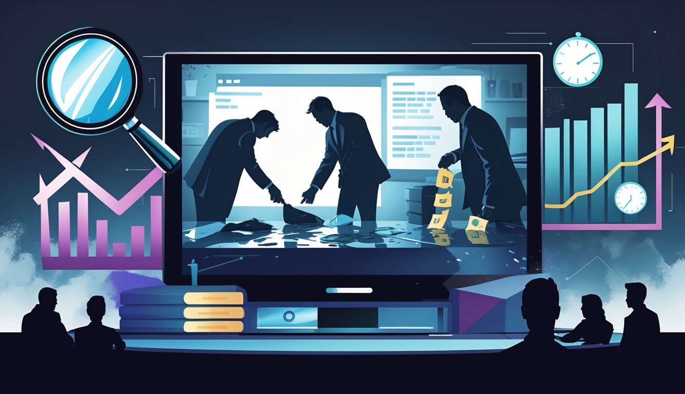 An illustration showing a TV screen with a true crime scene, detectives examining clues, a magnifying glass, an upward graph, a clock, and an engaged audience.