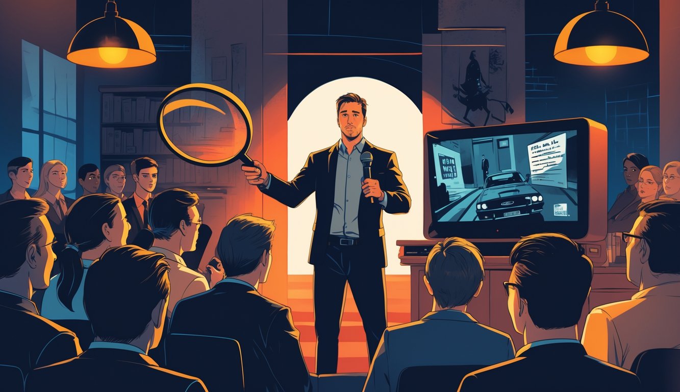 A storyteller speaks to an engaged audience surrounded by symbols of true crime storytelling, including a magnifying glass, notes, a shadowy figure, and a crime scene on a screen.