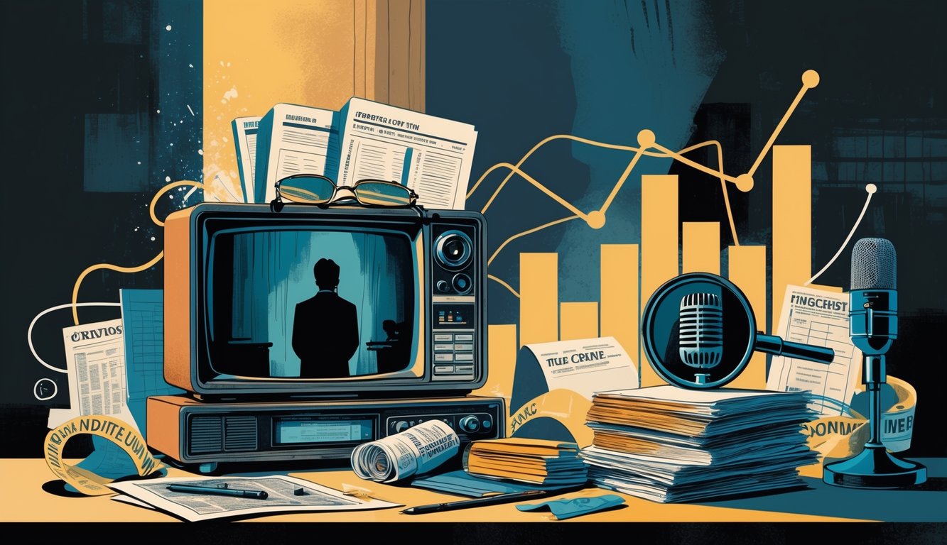 A collage showing a vintage TV with a shadowy figure, notebooks, magnifying glasses, a microphone, newspaper clippings, fingerprint patterns, and crime scene tape, symbolizing the impact of true crime series.
