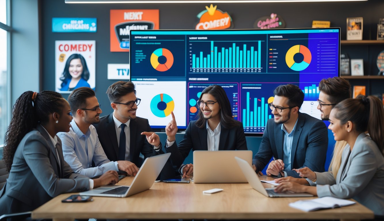 A group of people in an office analyzing colorful charts and graphs on digital screens about comedy series viewership.