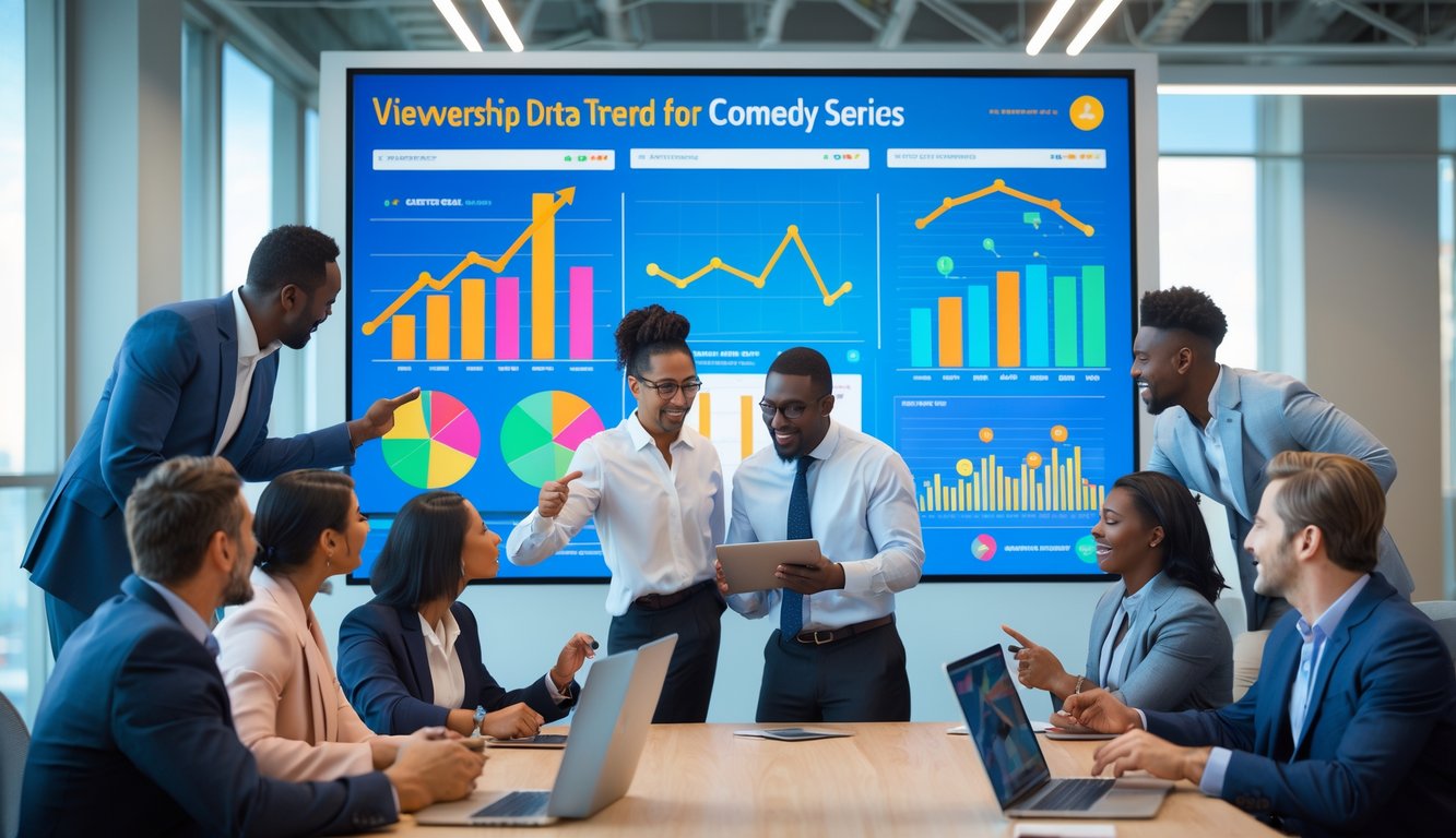 A group of professionals in a conference room analyzing colorful charts and graphs on a large digital screen showing comedy series viewership trends.