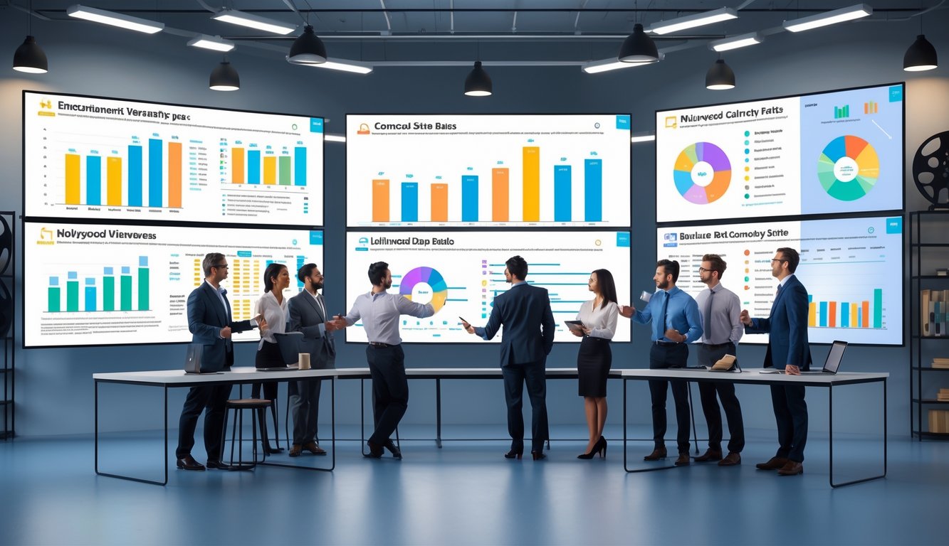 A group of professionals in an office analyzing colorful data charts on large screens related to comedy series viewership.