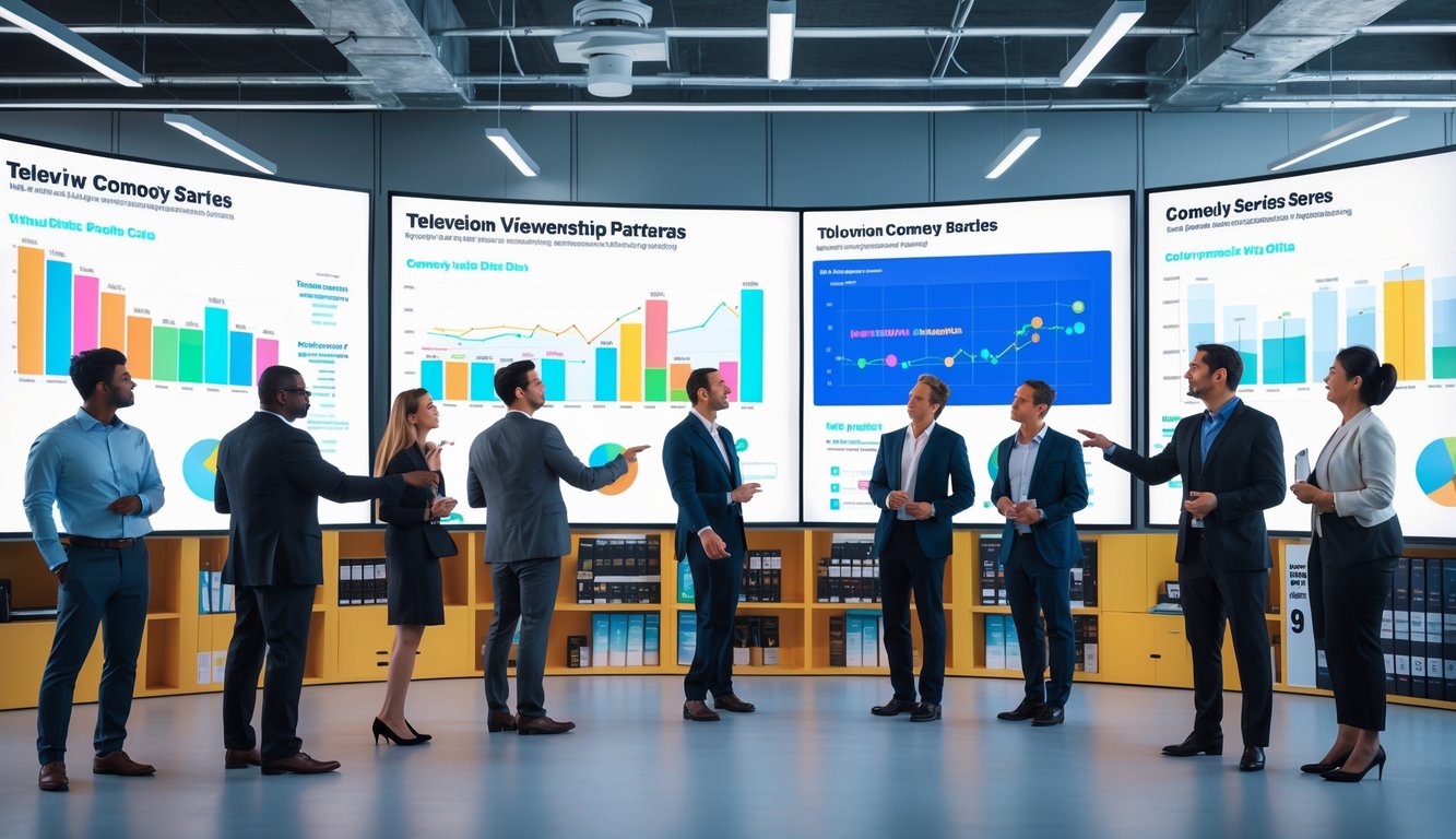 A group of media professionals in a modern office analyzing colorful charts and graphs on large screens related to television viewership.