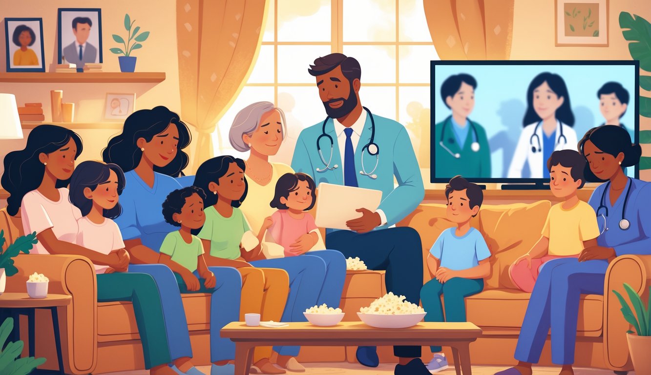 A diverse family gathered in a living room, sharing an emotional moment together while a doctor is subtly present in the background.