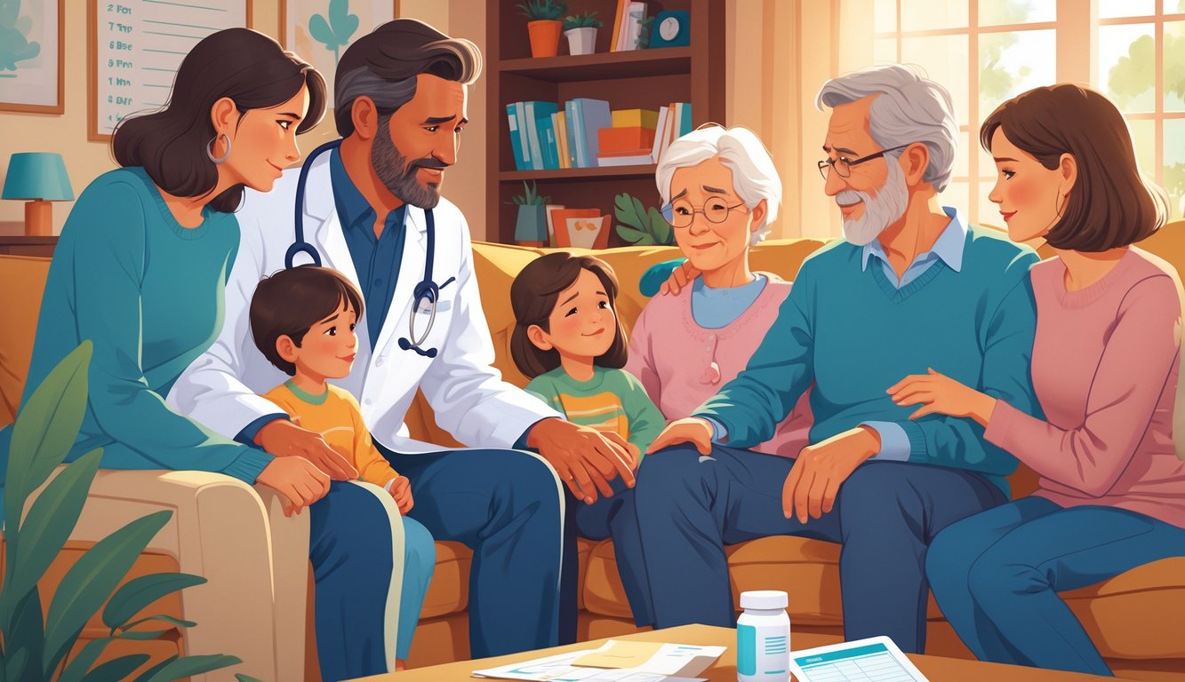 A family of multiple generations gathered in a living room with a doctor interacting supportively with one family member.