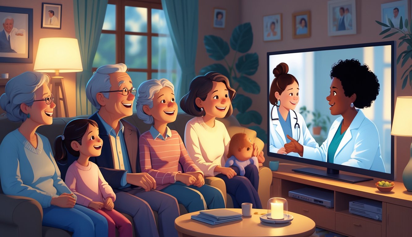 A multi-generational family watching a doctor-themed TV show together in a cozy living room.