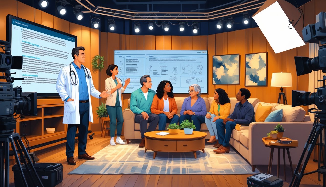 A medical expert in a white coat consults with actors on a family drama set inside a television studio, with a director and filming equipment visible.