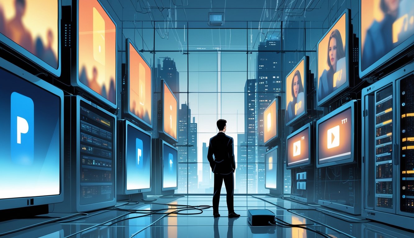 A person in a server room watches multiple digital screens showing loading images of popular TV series in a cityscape at night.