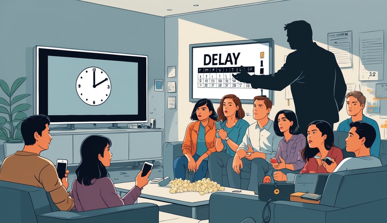 A group of people in a living room looking frustrated at a paused TV show while a shadowy figure controls a panel labeled with delay and schedule buttons.