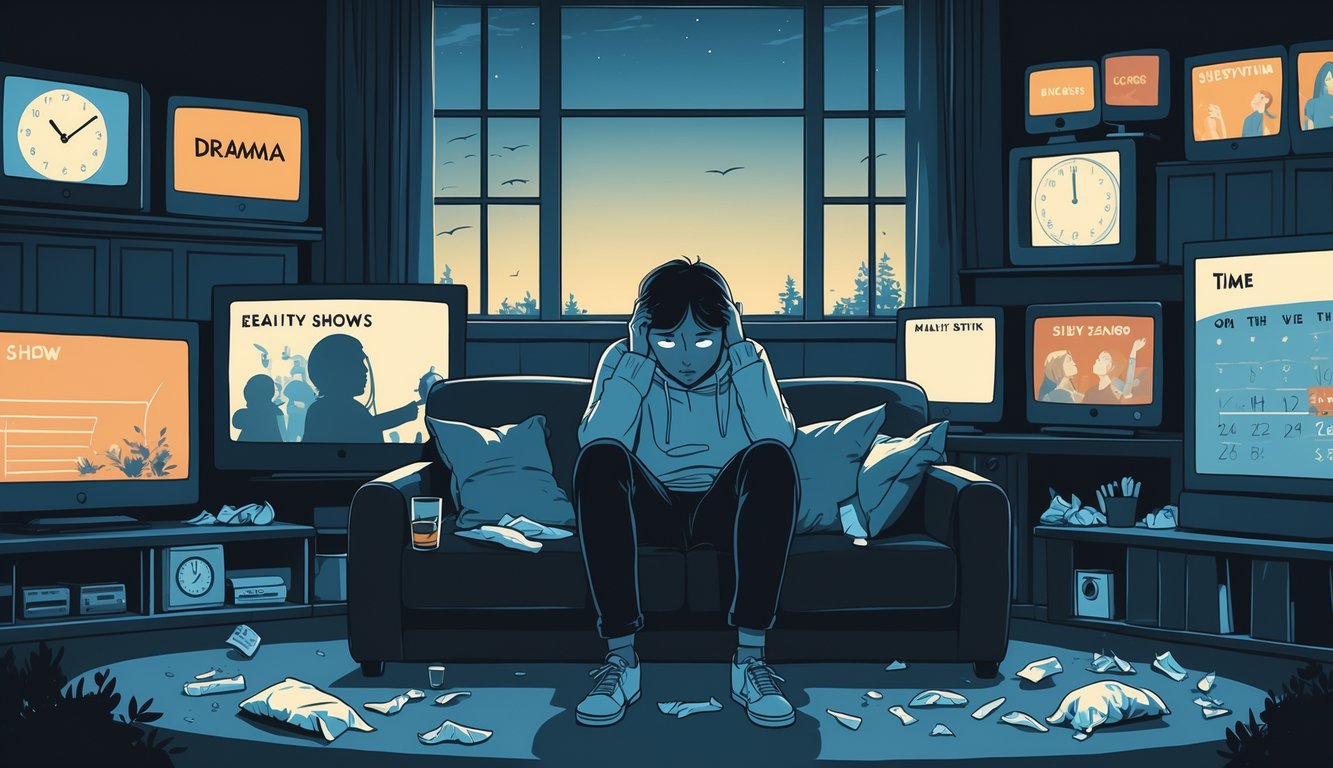 A tired person sitting on a couch surrounded by multiple TV screens showing different genres, with signs of exhaustion and stress in a dimly lit room.