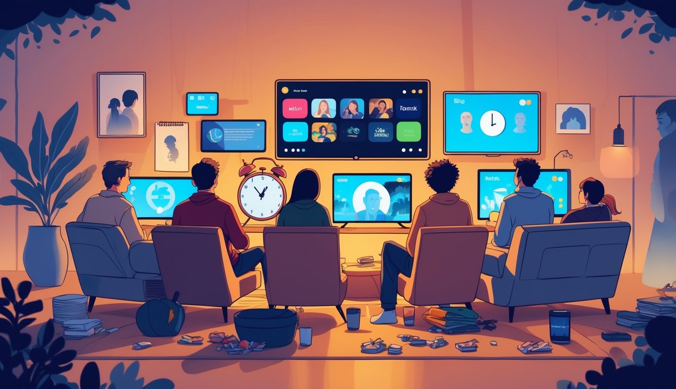 People sitting on a couch watching multiple TV screens with snacks around, showing both enjoyment and tiredness, with symbols of time passing and stress in the background.