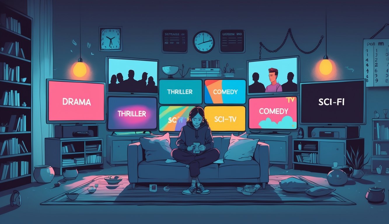 A person sitting on a sofa watching multiple TV screens showing different genres, surrounded by signs of tiredness and time passing, with subtle symbols representing the hidden costs of binge-watching.
