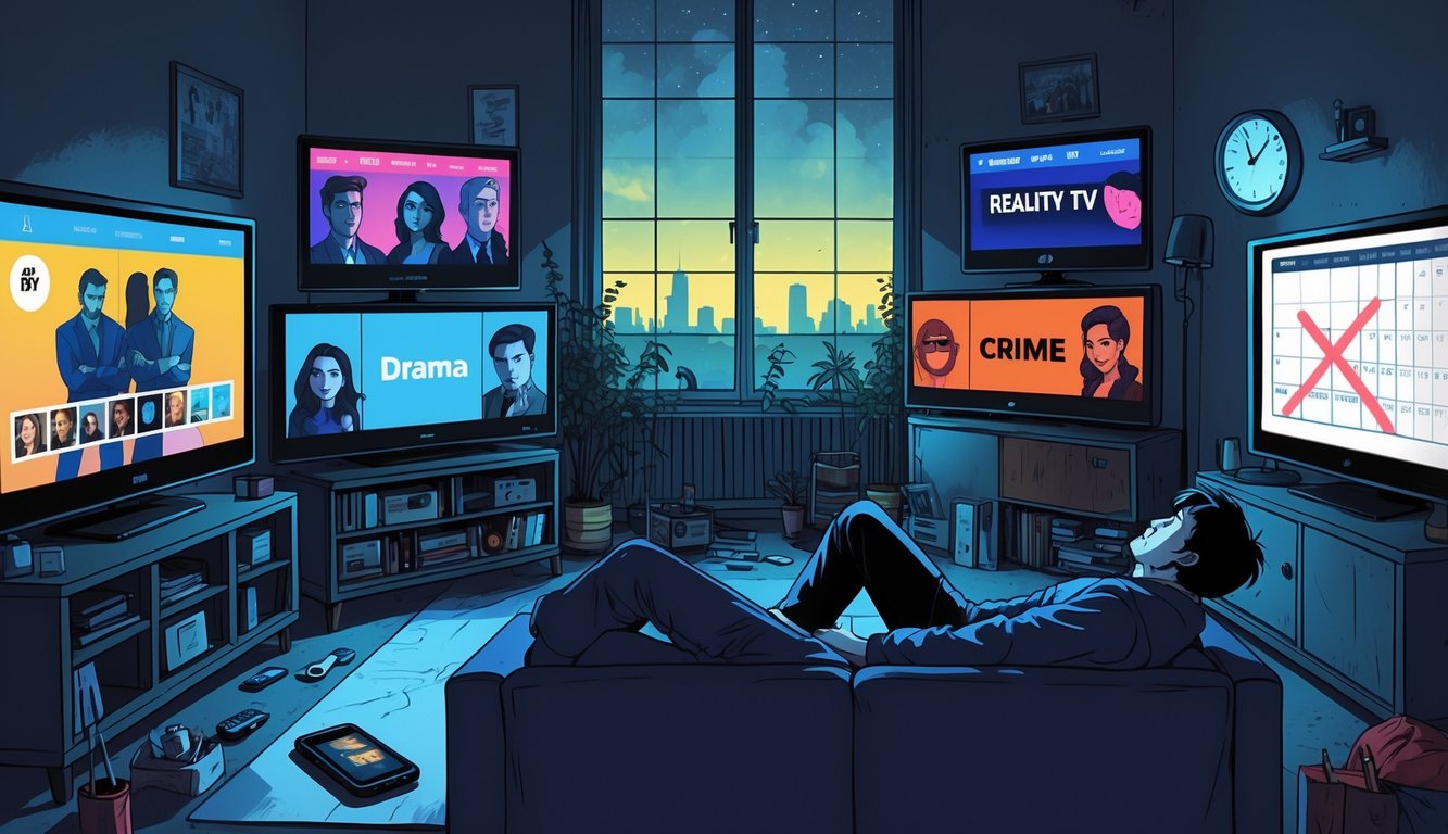 A person sitting alone on a couch surrounded by multiple TV screens, looking tired and disconnected, with signs of missed social activities and late hours.