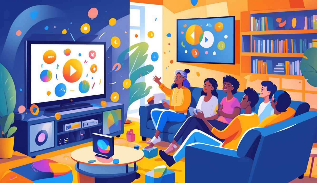 A diverse group of people watching a glowing TV in a cozy living room, enjoying original shows from smaller networks.