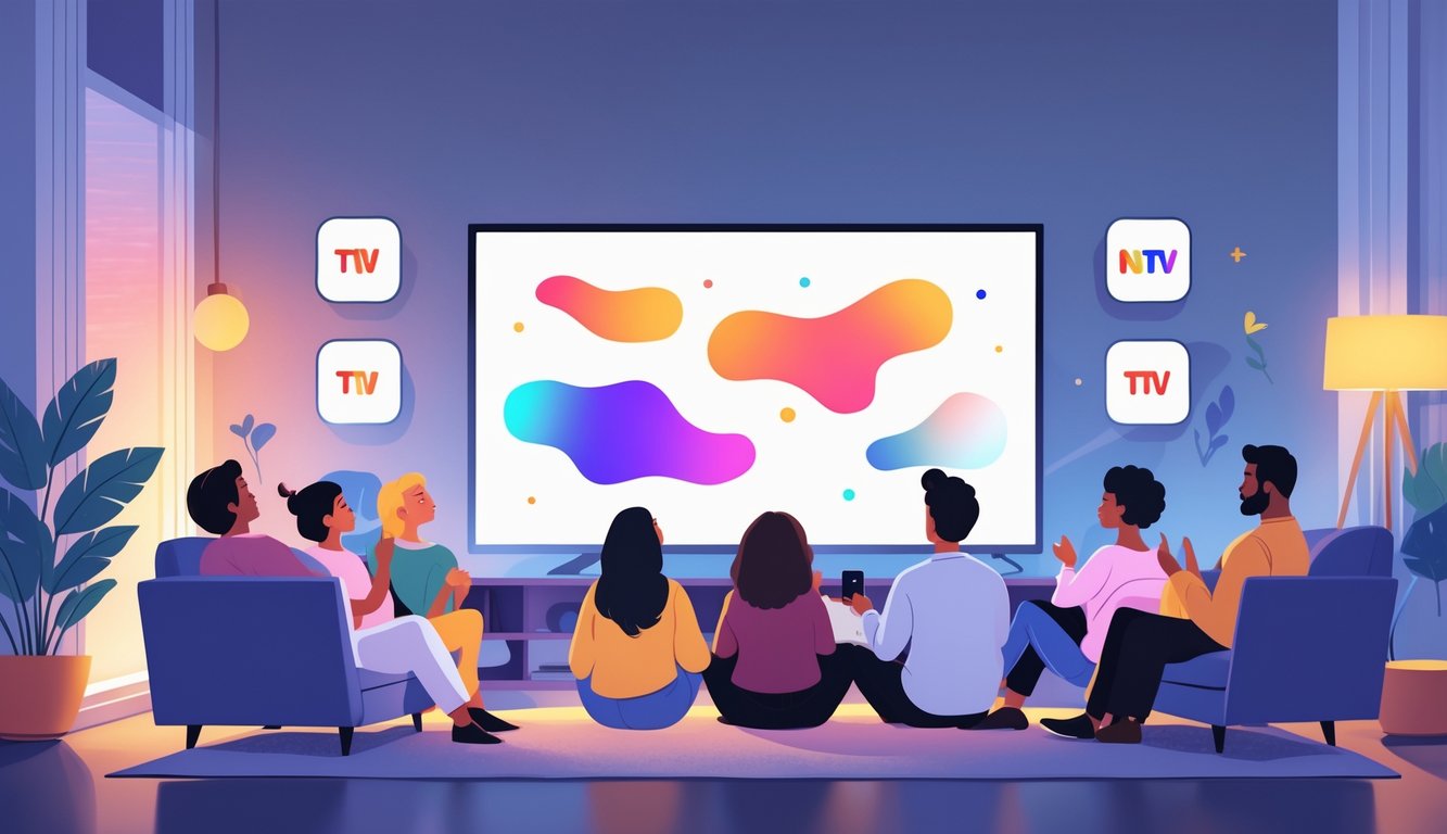 A group of people watching television together in a cozy living room, with subtle symbols representing smaller TV networks around them.