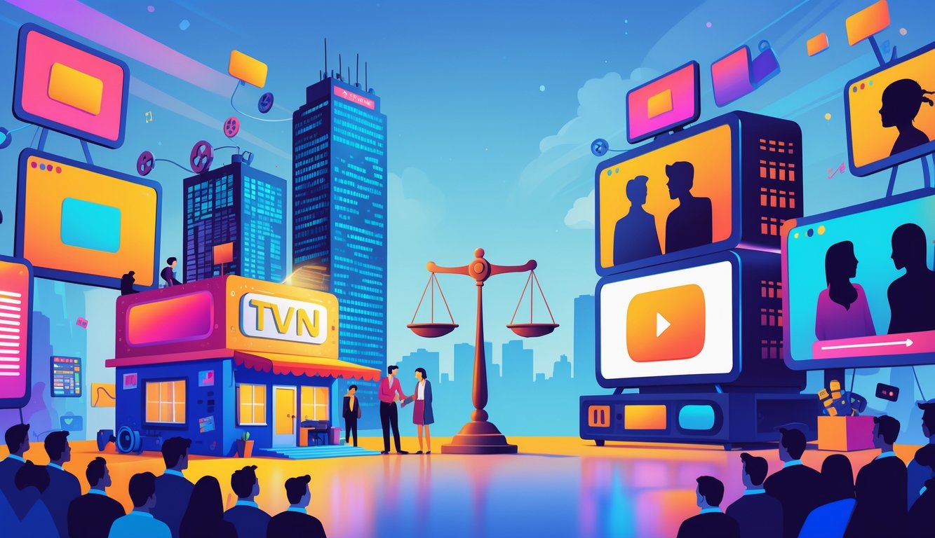 A scene showing a smaller TV network studio with creative professionals producing original shows competing with large streaming company buildings, connected by a balanced scale symbolizing competition.