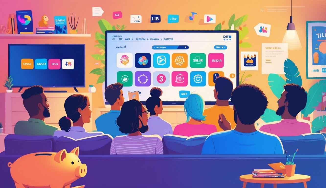 A group of people enjoying a TV show together in a cozy living room with symbols of savings and unique entertainment around them.