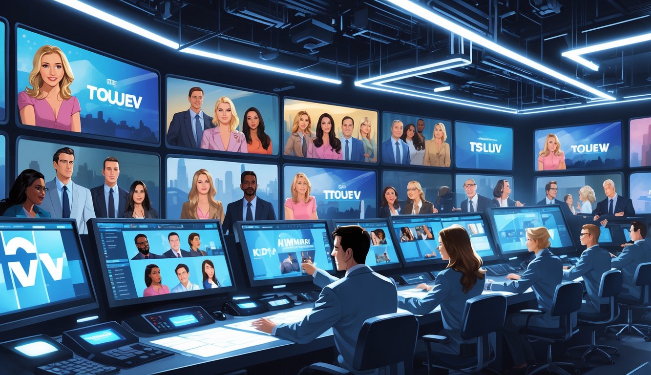 A busy television control room where network staff are rearranging multiple TV show screens and schedules using digital interfaces.