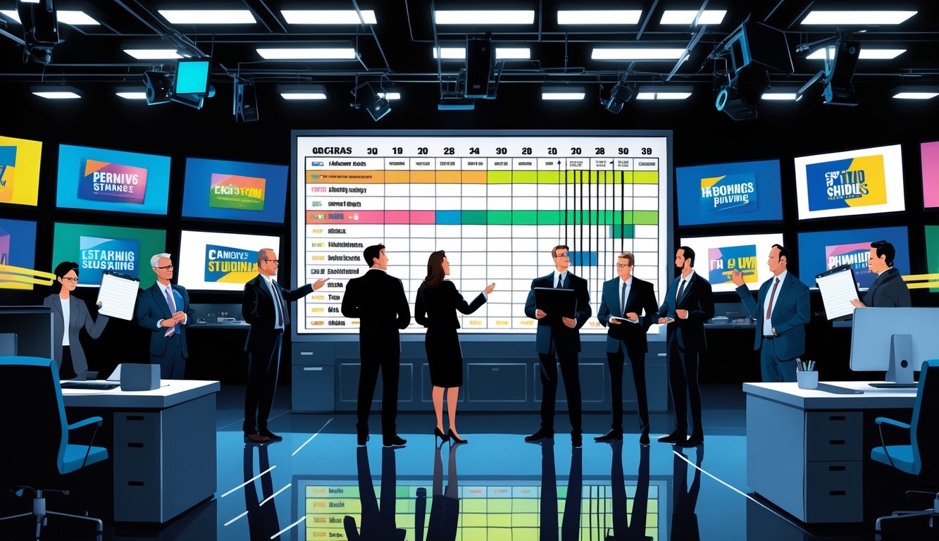 A newsroom with executives rearranging a large digital schedule board showing television shows, while multiple screens display changing programs.