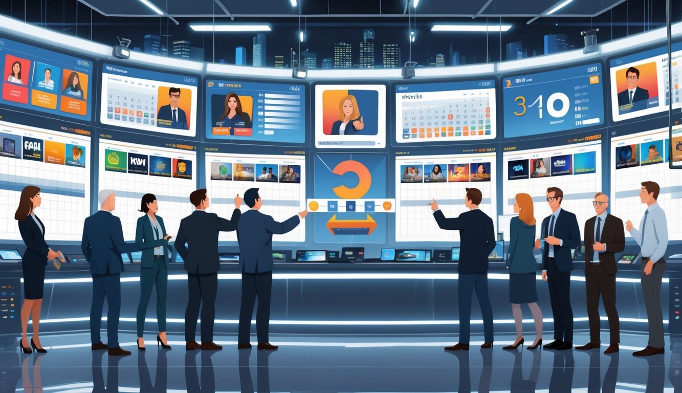 A group of business professionals in a modern control room rearranging TV show schedules on large digital screens, indicating a sudden change in programming.