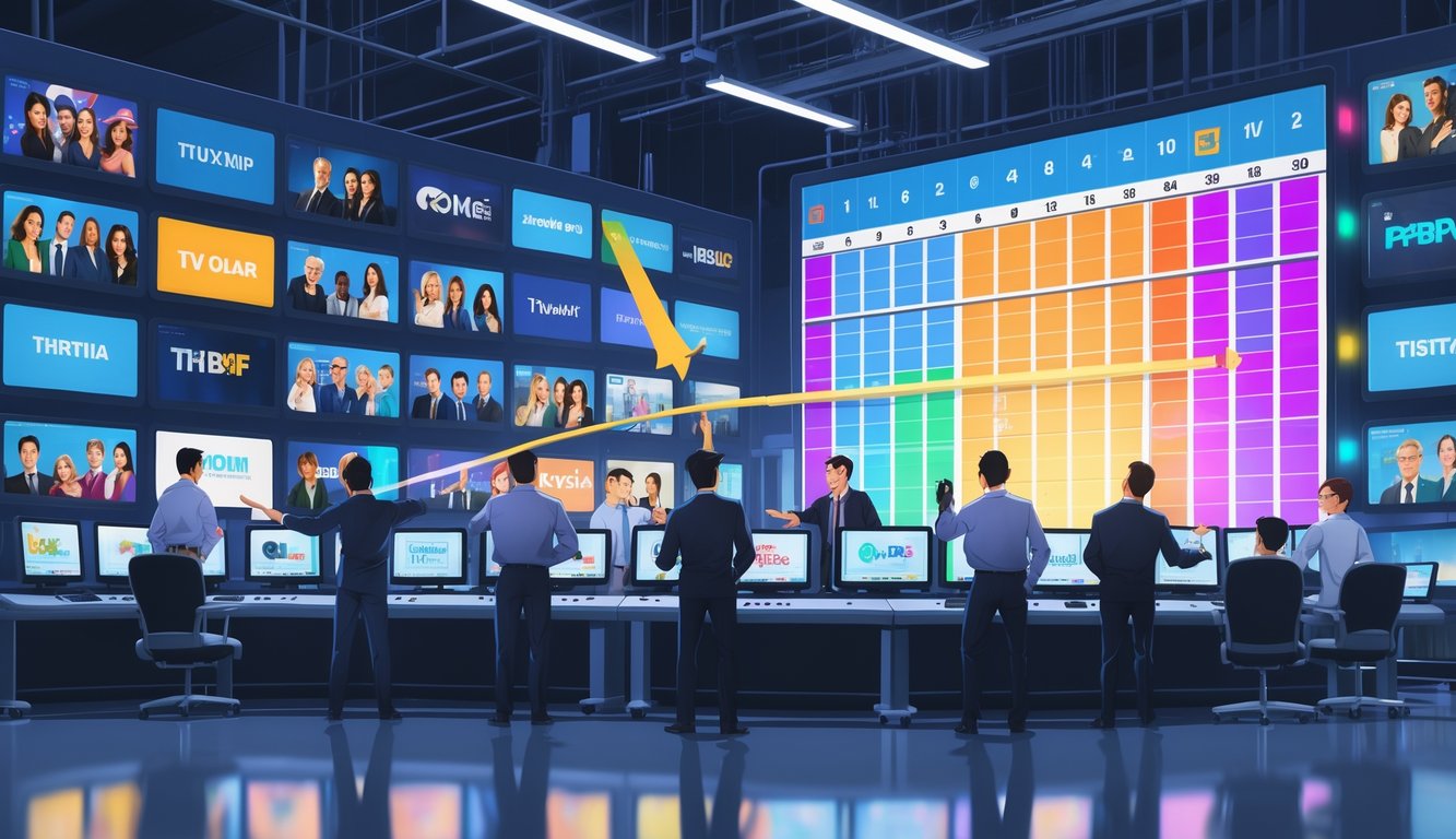 A busy television control room with multiple screens showing TV show thumbnails and channel logos, network staff actively managing a shifting schedule on a large digital board.