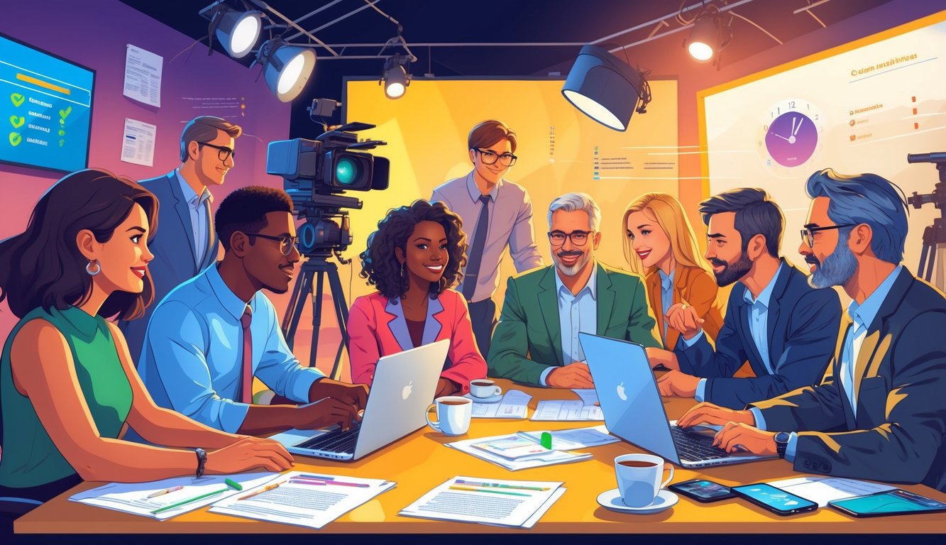 A group of showrunners collaborating around a table with scripts and laptops in a busy television studio with cameras and crew working in the background.