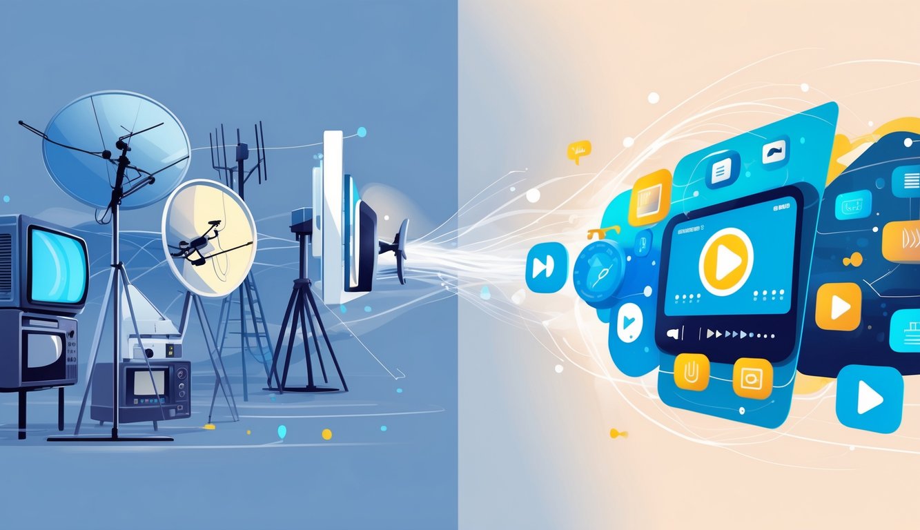 An illustration showing traditional broadcast TV equipment on one side transitioning into modern streaming devices and icons on the other side, connected by flowing light trails.