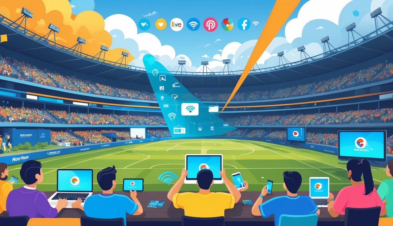 A scene showing fans watching a live sports event in a stadium and people watching the same event on smartphones, tablets, and laptops, illustrating the shift from broadcast TV to digital streaming.